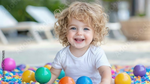 Happy toddler playing with colorful balls outdoors.