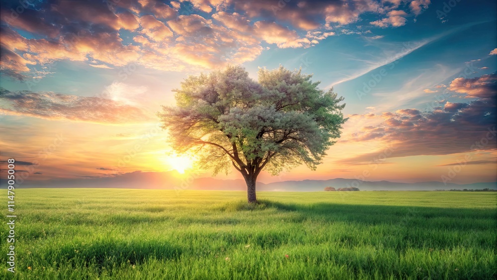 Fototapeta premium Serene Sunset Landscape Featuring a Solitary Tree in a Verdant Field
