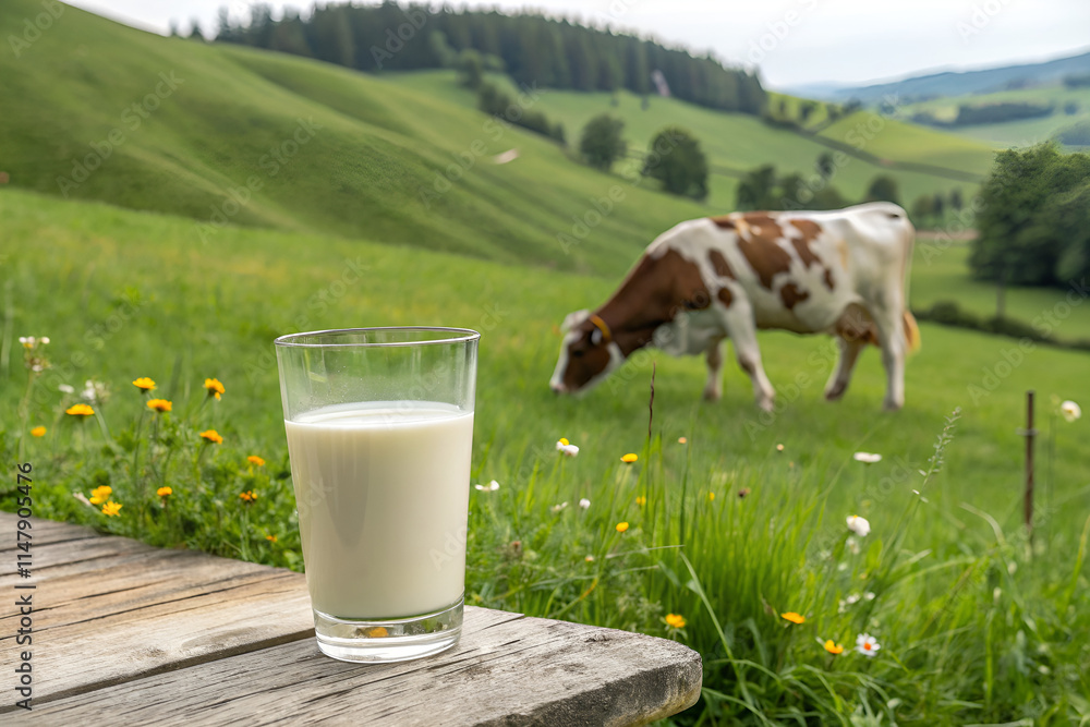Pure & Fresh: A Glass of Creamy Milk with a Grazing Cow in a Serene Meadow