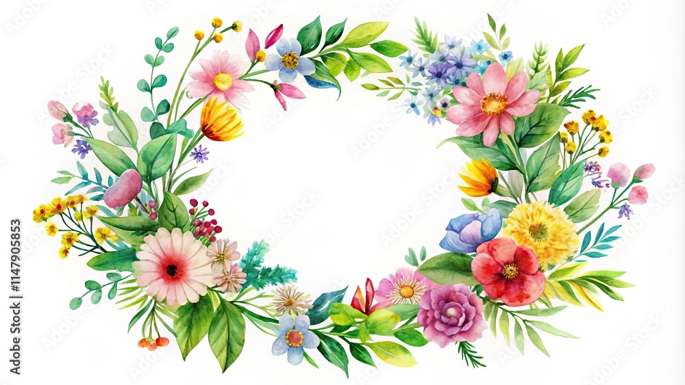 Obraz premium Vibrant Watercolor Floral Wreath A Perfect Springtime Design Element for Invitations and Announcements
