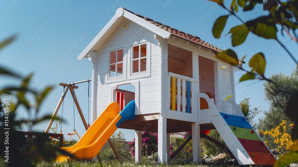A charming white wooden playhouse featuring a colorful slide and sturdy swing, set against a clear blue sky in a cozy garden A charming white wooden playhouse featuring a colorful slide and sturdy swing, set against a clear blue sky in a cozy garden