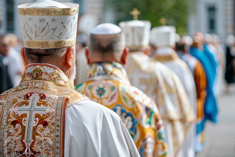 Obraz premium Saint Basil's Day.Bishops dressed in ornate gold-embroidered robes lead a solemn religious procession outdoors.