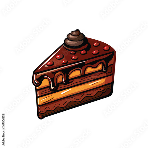 A decadent, multi-layered chocolate cake slice, rich frosting, showing individual layers;  (1) denotes a single serving.