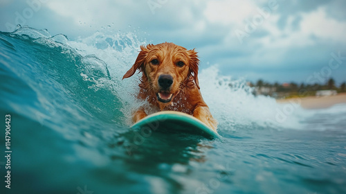 a dog rides a wave. The dog looks wet