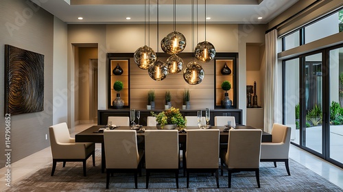 Fototapeta Naklejka Na Ścianę i Meble -  Elegant dining room featuring modern chairs a sleek table and pendant lights in a stylish space