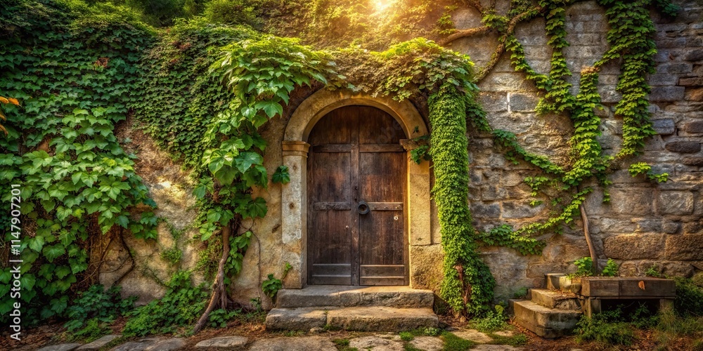 Fototapeta premium Ancient Wooden Doorway Concealed by Lush Greenery on a Stone Wall