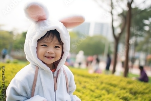 Asian Chinese little girl wearing bunny costume in the park, Thailand. photo