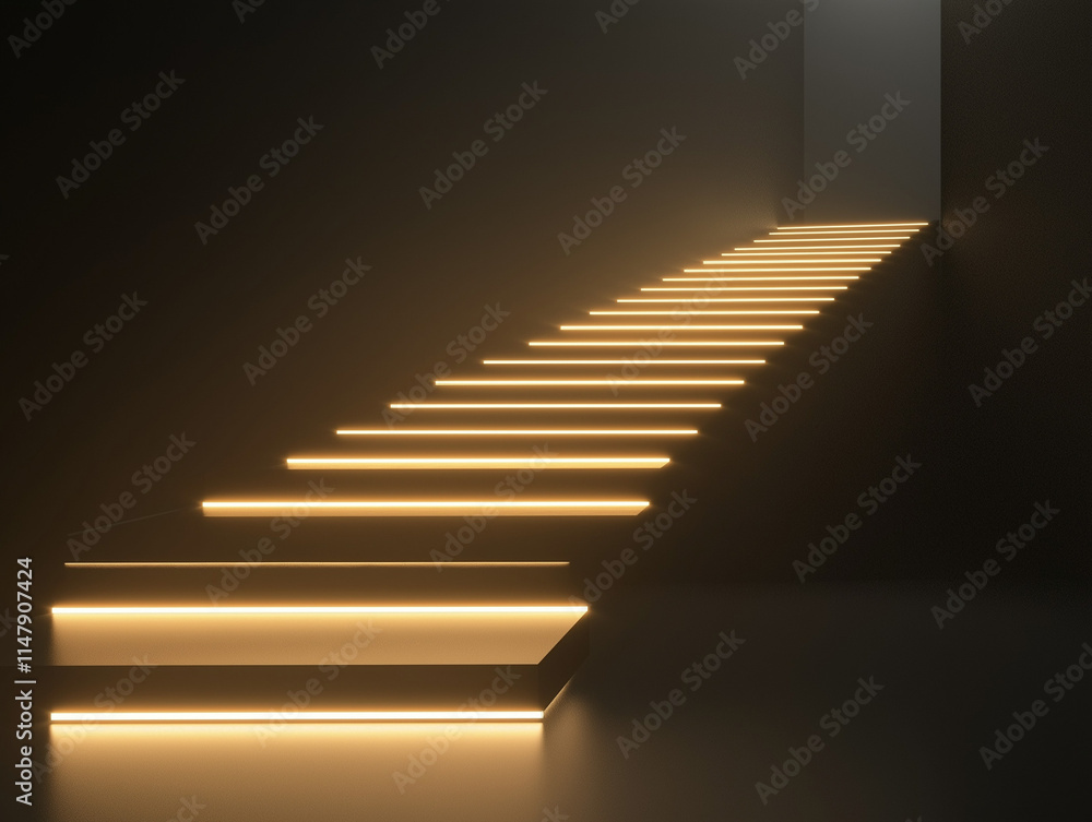 Fototapeta premium Stairs leading up into a bright light, with the steps illuminated by warm lighting