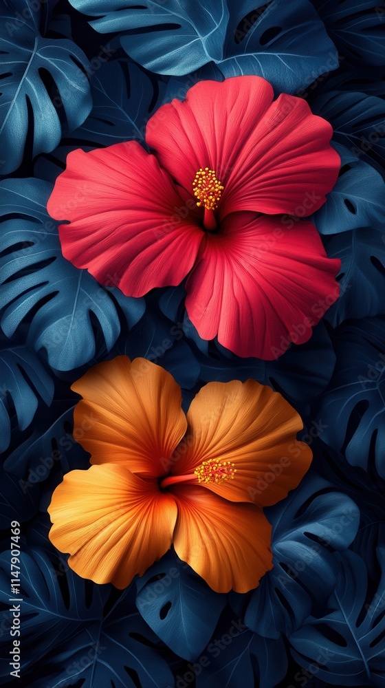 Naklejka premium A vibrant illustration featuring two hibiscus flowers?one red and one orange?set against dark green leaves.