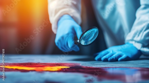 A forensic investigator examines a bloodstain at a crime scene, using a magnifying glass while wearing protective gloves.Crime Investigation,Clue Discovery,Forensics,Analysis,Scene
