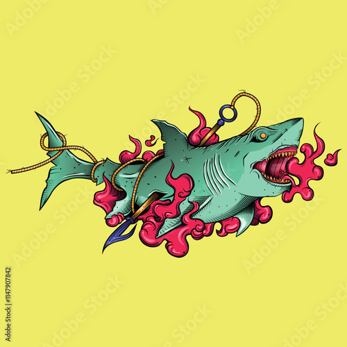 Detailed illustration of a shark being pierced with a harpoon and the blood spreading underwater, in color