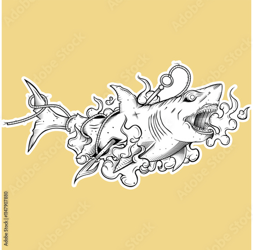 Detailed illustration of shark being pierced with harpoon and blood spreading underwater, just outline with white sticker border