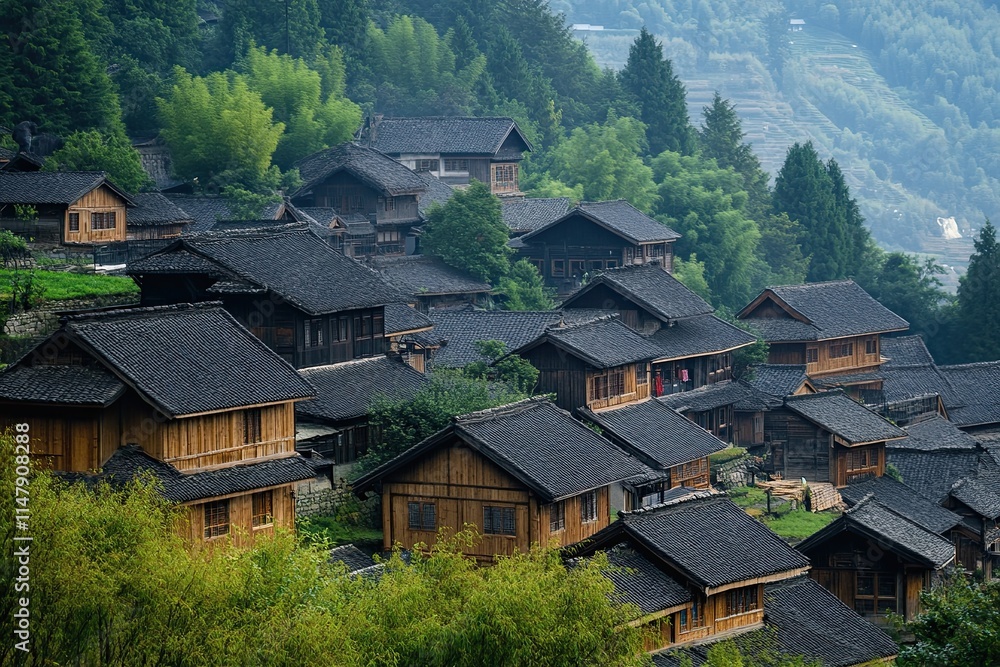 Misty mountain village with traditional houses. (14) Misty mountain village with traditional houses. (14)