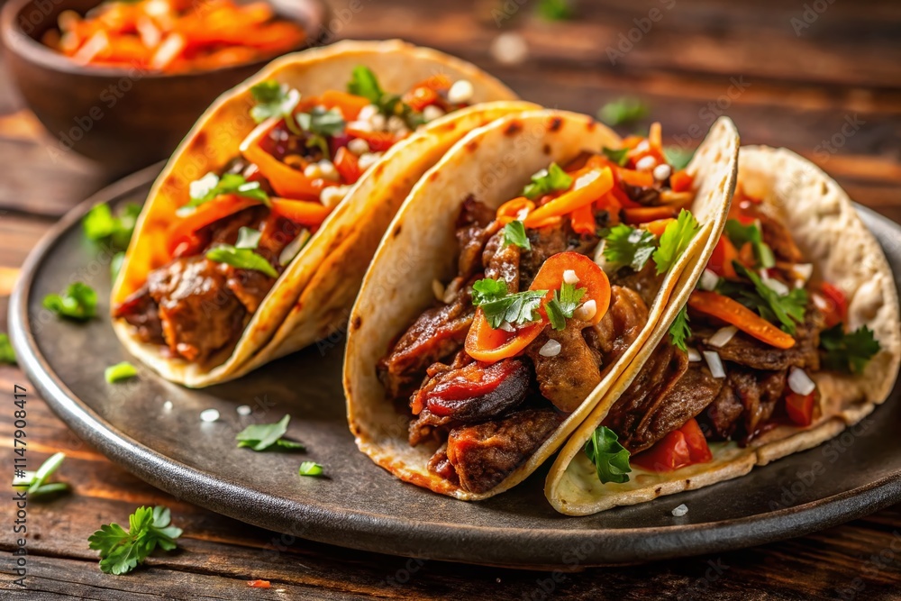 Korean Bulgogi Kimchi Tacos - Low Light Food Photography Korean Bulgogi Kimchi Tacos - Low Light Food Photography