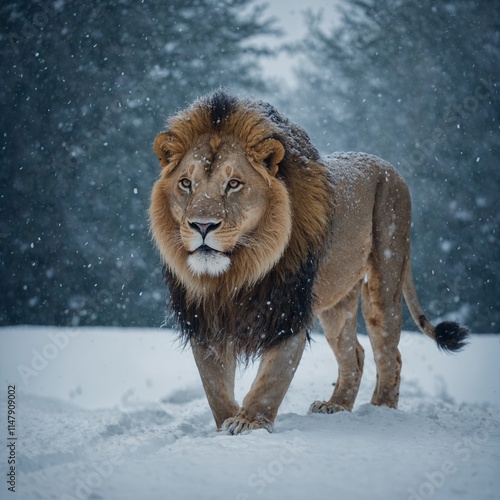 A lion walking through a white snowstorm with blue accents.