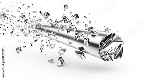 Powerful explosive blast shattering metal and glass into a chaotic cloud of fragmented debris and shrapnel  Dynamic and dramatic abstract conceptual image representing force energy and destruction