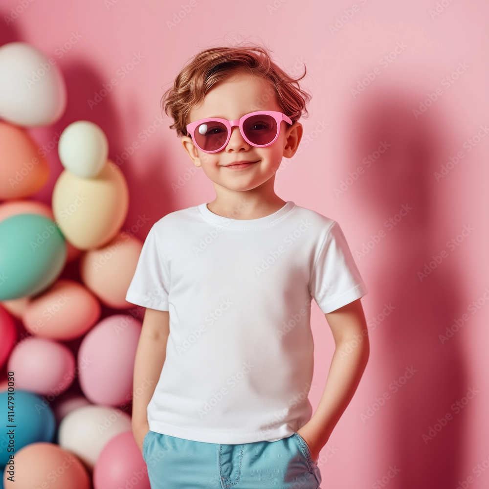 Easter tshirt mock up kids. Standing little boy model in sunglasses wearing white shirt, holiday giant Easter eggs background. Children's short sleeve shirt. Blank crewneck tee template Easter tshirt mock up kids. Standing little boy model in sunglasses wearing white shirt, holiday giant Easter eggs background. Children's short sleeve shirt. Blank crewneck tee template