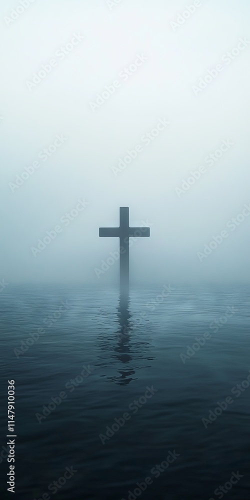A cross is in the water, with the sky in the background. The water is murky and the sky is cloudy