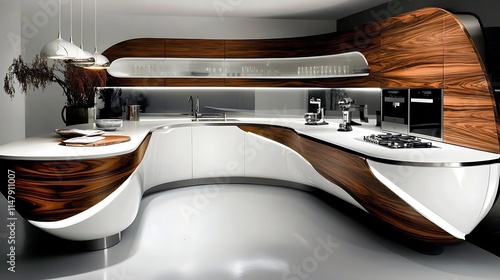 Modern kitchen interior with clean white surfaces wooden finishes and elegant decor lighting