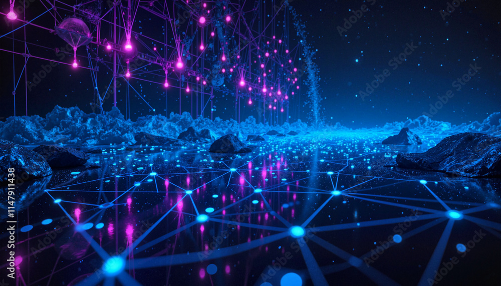 Obraz premium Abstract network landscape with glowing nodes and connections representing digital technology and data flow 