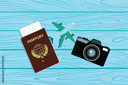 A flat lay image showcasing a traveler's essential items a passport, camera, and boarding pass, meticulously arranged.