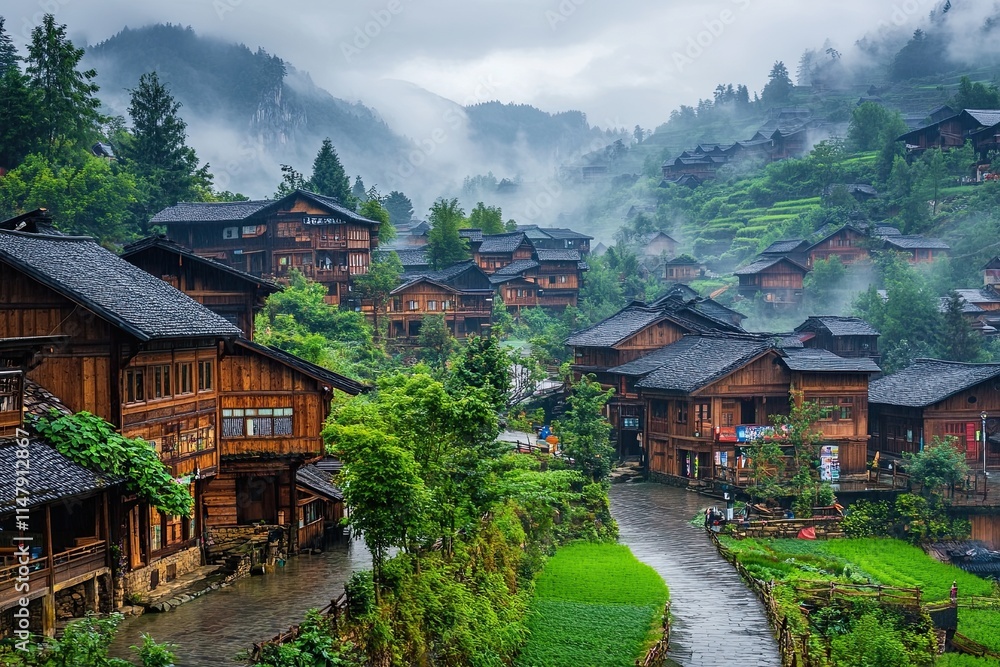 Misty mountain village with traditional wooden houses and rice paddies. Misty mountain village with traditional wooden houses and rice paddies.
