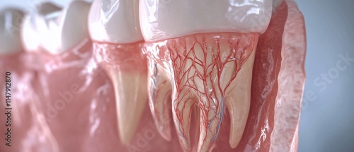 A close-up view of human teeth and gums, highlighting the roots, blood vessels, and surrounding tissue. This image provides a detailed anatomical representation of the oral cavity.