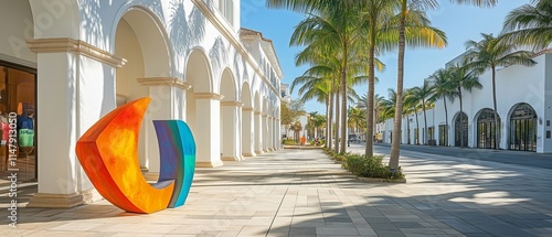 A blend of Mediterranean architecture and modern art is captured in this image of white arched buildings, palm trees, and a colorful abstract sculpture.