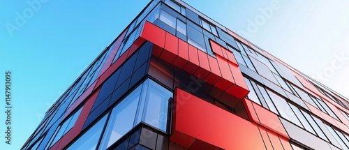 A vibrant contrast of red and blue dominates this image of a contemporary office building. The glass facade reflects the sky, creating a dynamic interplay of colors and light.
