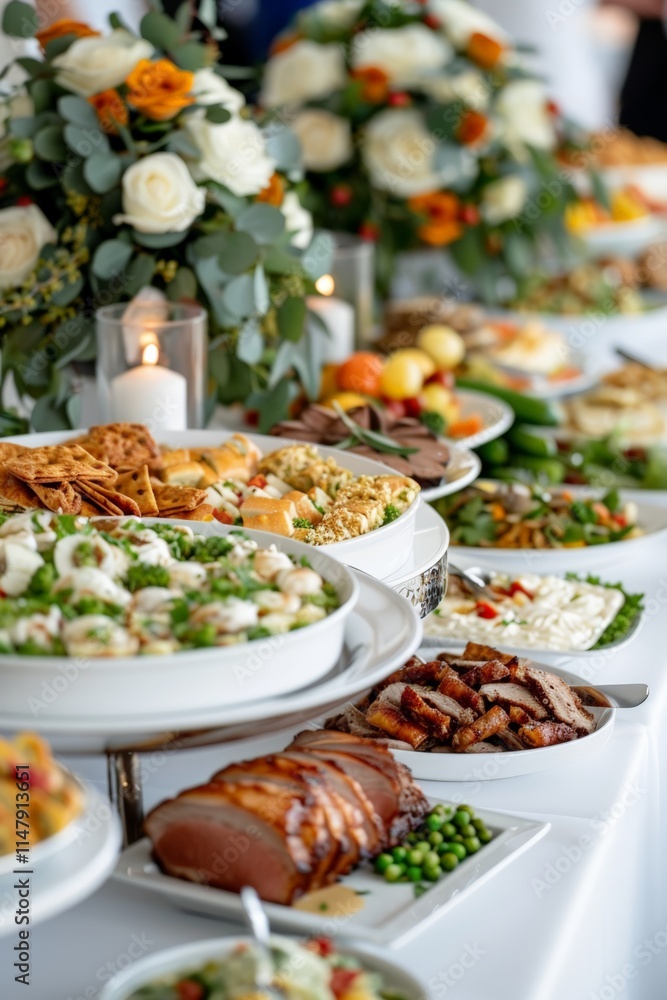 National Buffet Day.A grand buffet table featuring elegantly sliced roasted meats, vibrant salads, and lavish floral decorations. National Buffet Day.A grand buffet table featuring elegantly sliced roasted meats, vibrant salads, and lavish floral decorations.