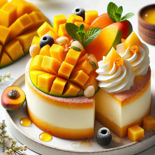 Delicious mango cheesecake with fruits and whipped cream on white background.