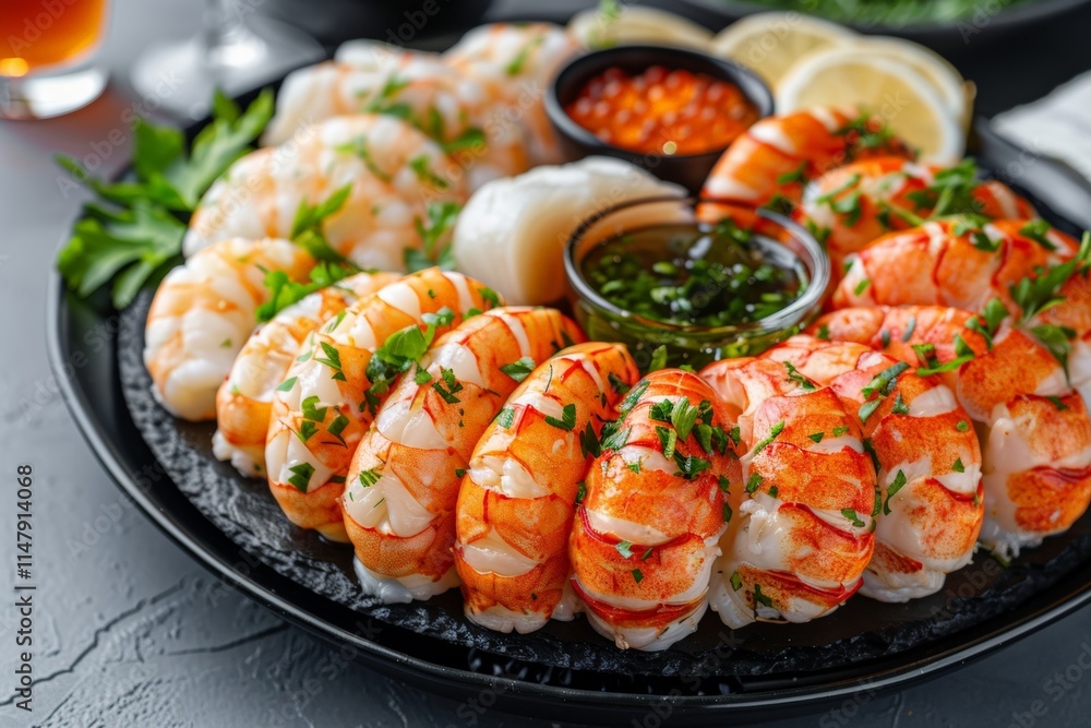 National Buffet Day.A luxury seafood platter featuring lobster tails, shrimp, scallops, and garnish, accompanied by dipping sauces. National Buffet Day.A luxury seafood platter featuring lobster tails, shrimp, scallops, and garnish, accompanied by dipping sauces.