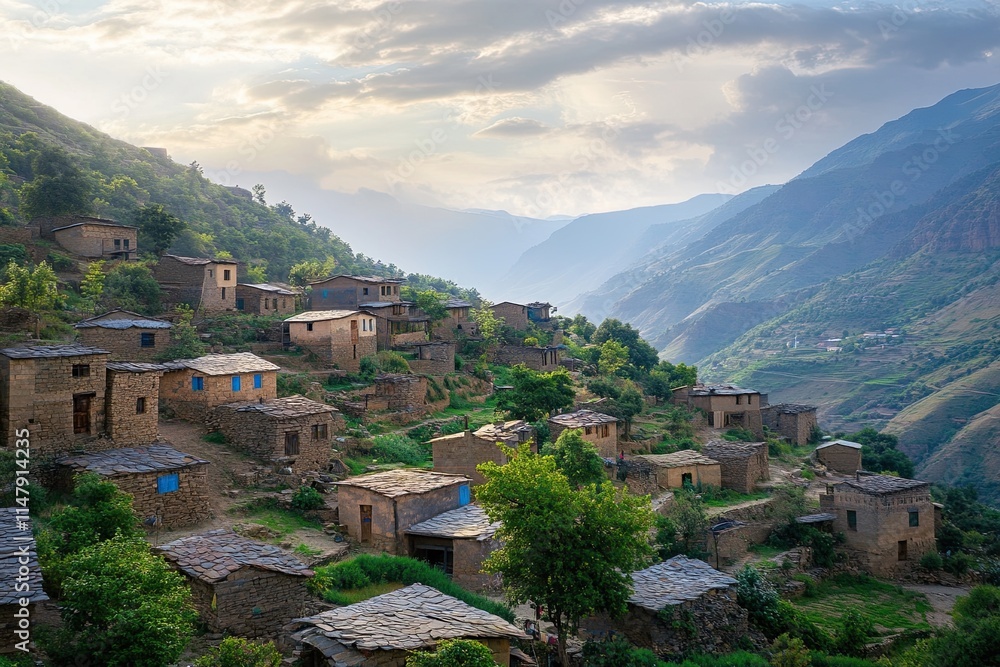 Fototapeta premium Mountain village at sunset, houses on hillside.