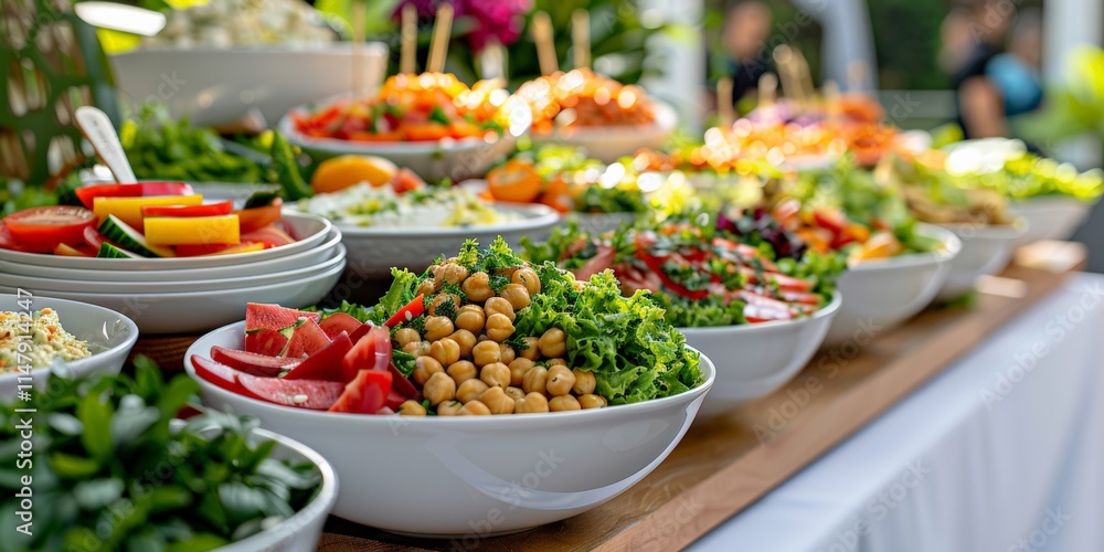 Obraz premium National Buffet Day. A vibrant salad bar with bowls of fresh vegetables, legumes, and dressings arranged for self-service.