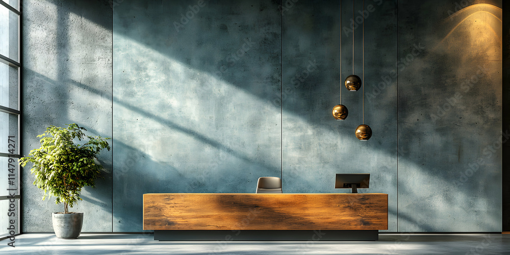 Modern Office Reception Area with Wooden Desk and Concrete Wall, Sunlit Interior Design Modern Office Reception Area with Wooden Desk and Concrete Wall, Sunlit Interior Design