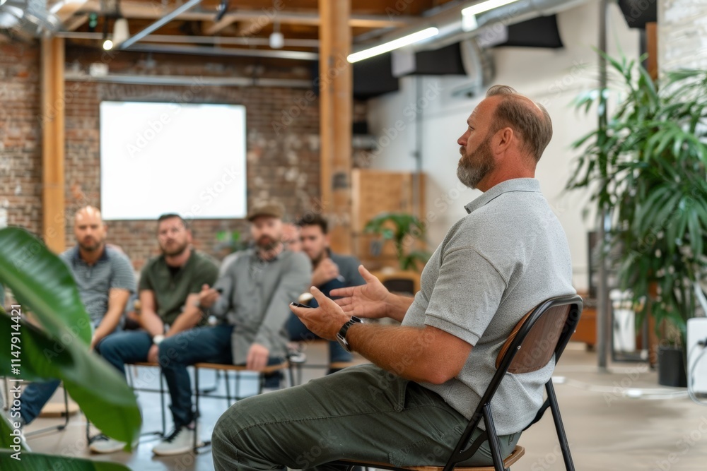 Motivation and Inspiration Day.A motivational speaker leading a discussion in a modern industrial space with an attentive audience. Motivation and Inspiration Day.A motivational speaker leading a discussion in a modern industrial space with an attentive audience.