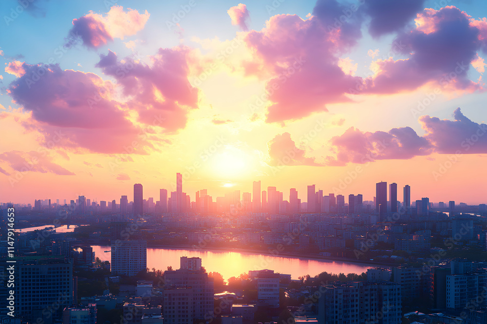 Fototapeta premium Cityscape Sunset, Vibrant Sky Over Urban Skyline, River Reflecting Golden Hues