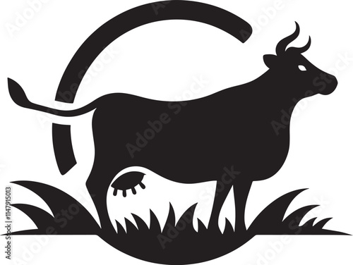 Black silhouette cow in grass.