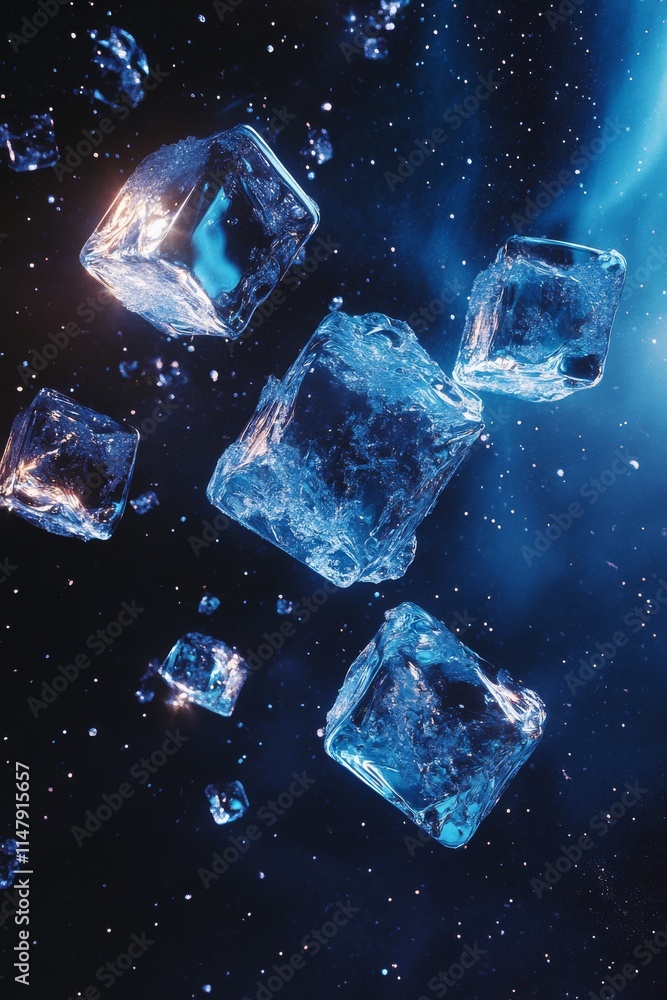 A blue sky with a bunch of ice cubes floating in it. The cubes are scattered all over the sky and some are floating close to each other A blue sky with a bunch of ice cubes floating in it. The cubes are scattered all over the sky and some are floating close to each other