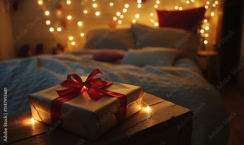 A beautifully wrapped gift with a red bow sits on a wooden table in a cozy bedroom with glowing fairy lights, creating a warm and romantic atmosphere. A beautifully wrapped gift with a red bow sits on a wooden table in a cozy bedroom with glowing fairy lights, creating a warm and romantic atmosphere.