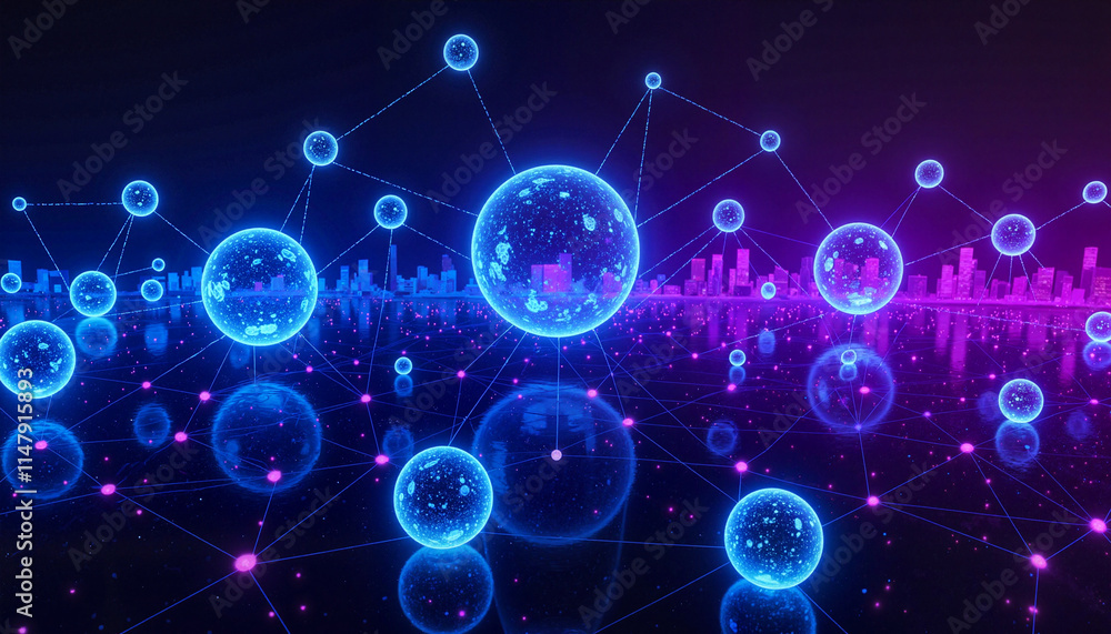 Glowing blue and pink spheres connected by lines representing network and data Glowing blue and pink spheres connected by lines representing network and data