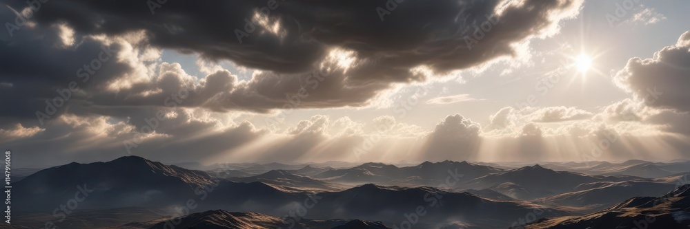 Brooding cloudscape, radiant sun breaks through, dramatic sky, sunlight, bright light Brooding cloudscape, radiant sun breaks through, dramatic sky, sunlight, bright light