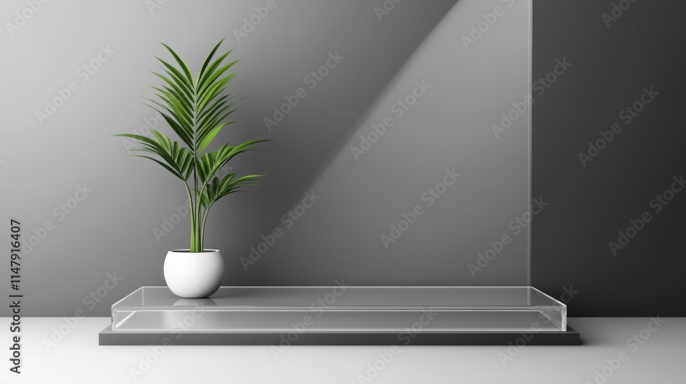 3D square glass platform with green plant on grey wall background. Vector realistic illustration of transparent plastic podium for exhibition, organic product presentation, advertising stage mockup 3D square glass platform with green plant on grey wall background. Vector realistic illustration of transparent plastic podium for exhibition, organic product presentation, advertising stage mockup