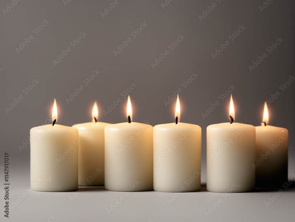 six white pillar candles arranged in a row. All of the candles are lit, with small flames flickering at the top of each wick. The background is a neutral gray, and the candles are placed on a flat sur six white pillar candles arranged in a row. All of the candles are lit, with small flames flickering at the top of each wick. The background is a neutral gray, and the candles are placed on a flat sur