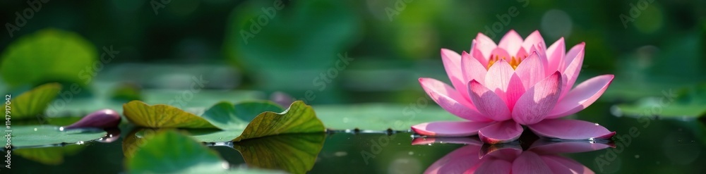 Blooming Lotus in Pond with surrounding foliage, flora, lotus flower, blooming flowers Blooming Lotus in Pond with surrounding foliage, flora, lotus flower, blooming flowers