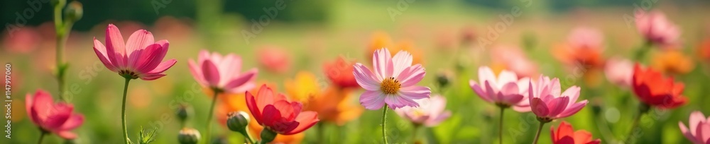 Blooming flowers in a field, gentle focus on petals, beautiful flowers, floral pattern, lush vegetation Blooming flowers in a field, gentle focus on petals, beautiful flowers, floral pattern, lush vegetation