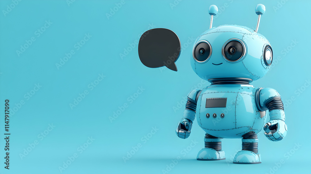 Cute Blue Robot with Speech Bubble; Digital Illustration of Friendly AI Cute Blue Robot with Speech Bubble; Digital Illustration of Friendly AI