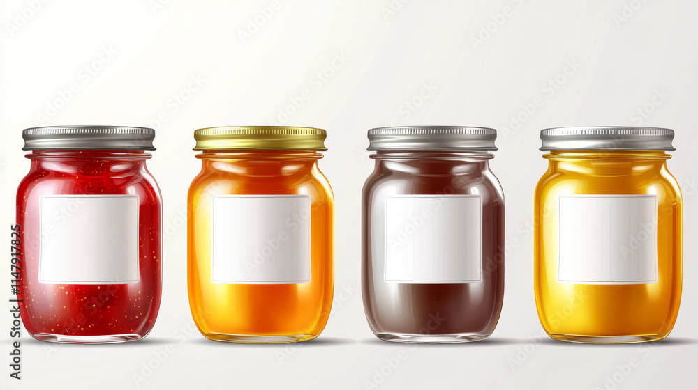 Glass jars with jam and blank label. Vector realistic mockup of clear pots with conserve fruit, jelly and honey. Template of preserve packaging in transparent bottles with steel cap and white label Glass jars with jam and blank label. Vector realistic mockup of clear pots with conserve fruit, jelly and honey. Template of preserve packaging in transparent bottles with steel cap and white label