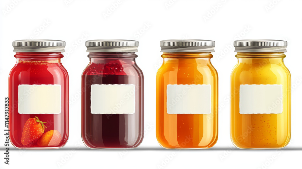 Glass jars with jam and blank label. Vector realistic mockup of clear pots with conserve fruit, jelly and honey. Template of preserve packaging in transparent bottles with steel cap and white label Glass jars with jam and blank label. Vector realistic mockup of clear pots with conserve fruit, jelly and honey. Template of preserve packaging in transparent bottles with steel cap and white label