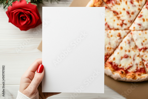 A woman's hand with a red manicure holds a white mock-up menu, with pizza and a red rose in the background. A menu template for a pizzeria on Valentine's day.